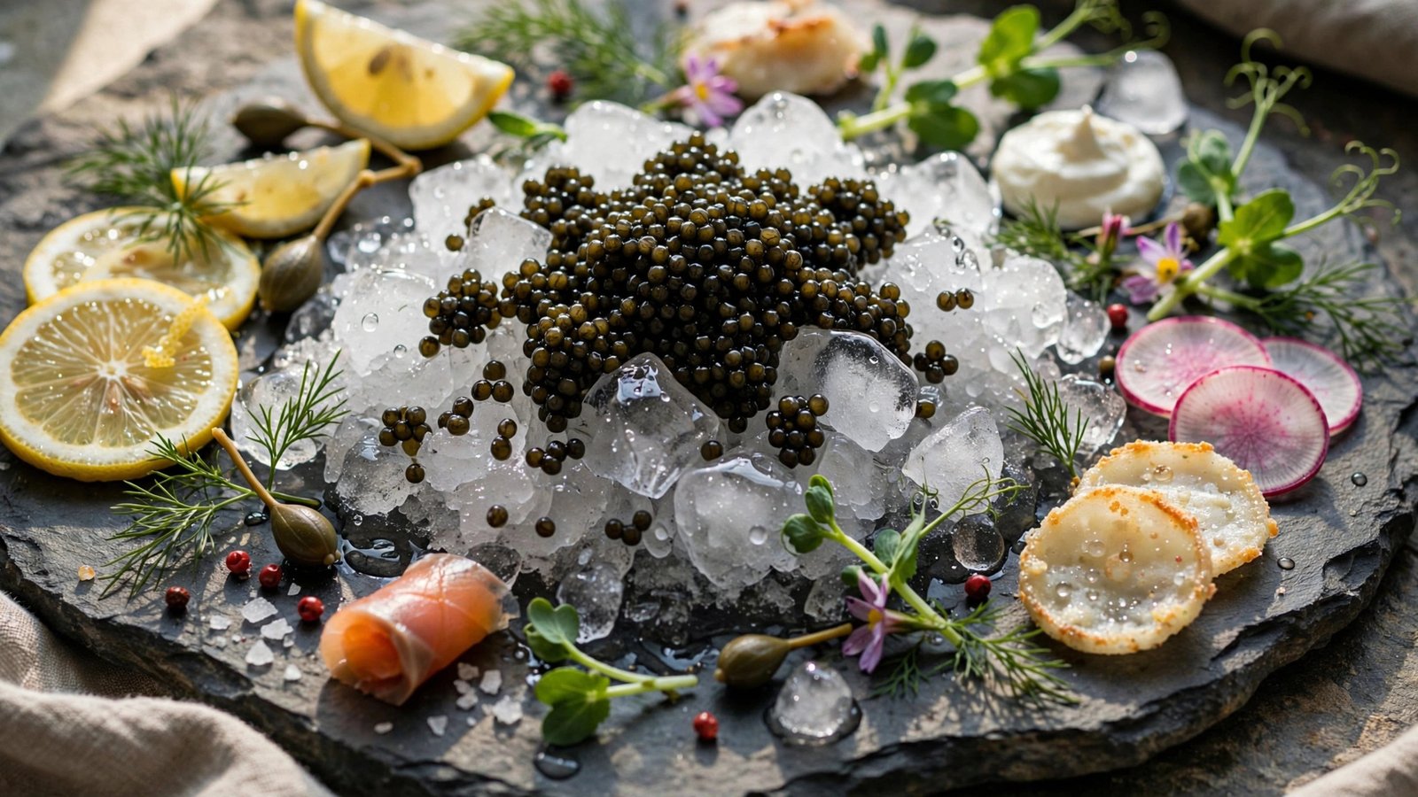 Caviale su ghiaccio con limone e ravanelli