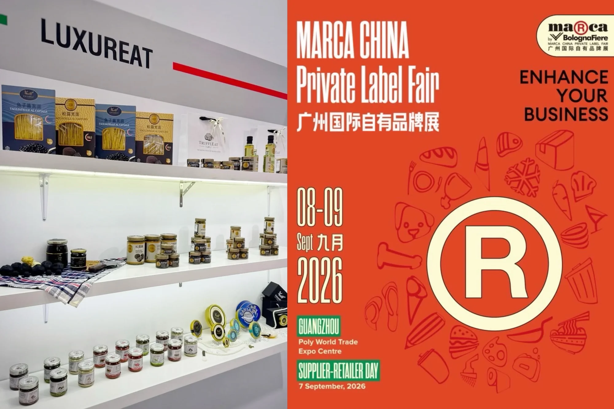 LuxurEat booth and Marca China 2026 poster