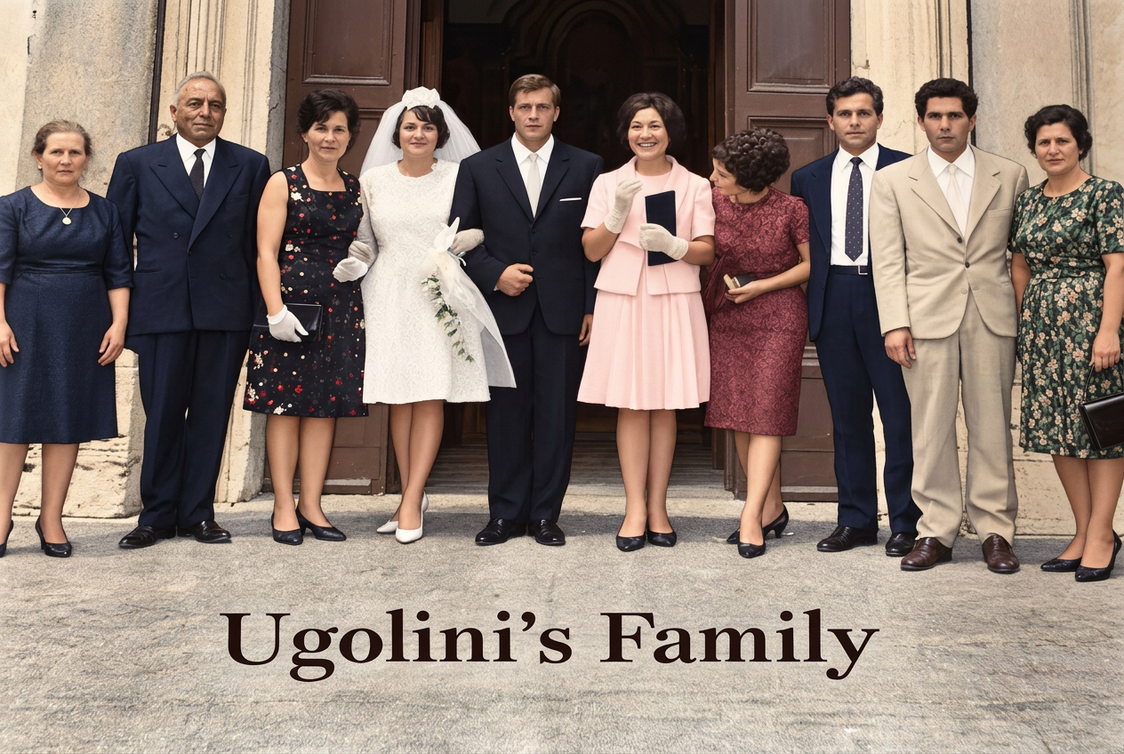 La famiglia Ugolini riunita davanti a un edificio storico
